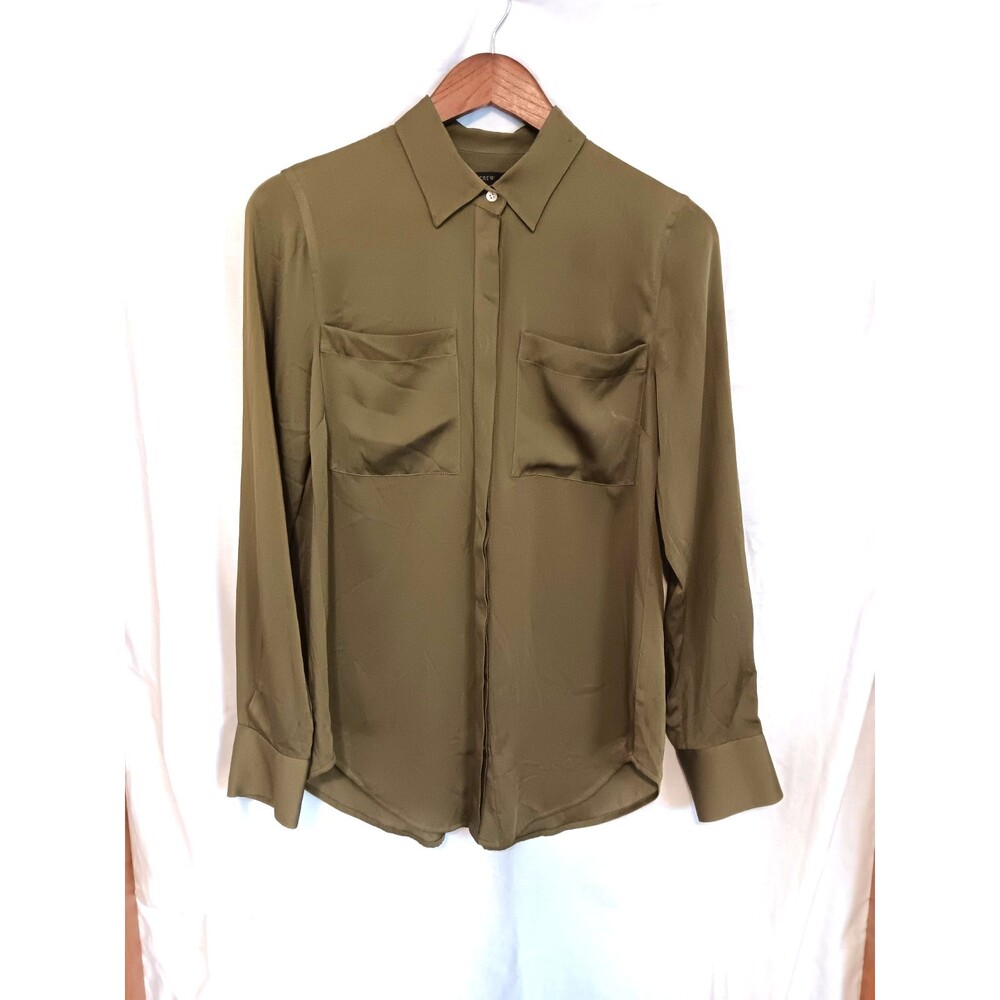 J.Crew Women’s Sz 6 Olive Green Silk Button Down Tunic Blouse Shirt Long Sleeve